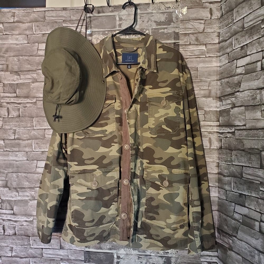 Camouflage‎ Button-up Zip Jacket Fishing Camping Heavy Canvas With Ergodine Hat